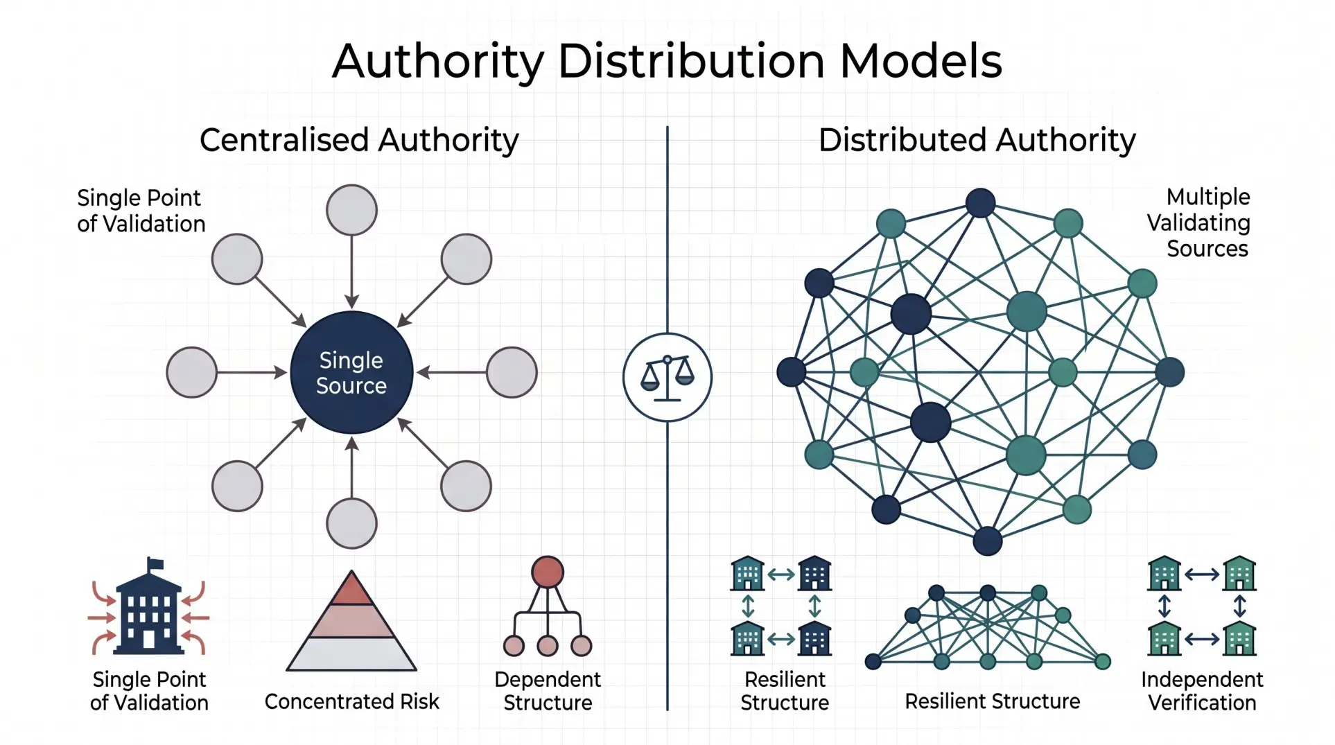 Academic diagram comparing centralised authority hub-and-spoke topology against distributed authority mesh network topology, illustrating single-point-of-validation risk versus multi-source resilience.