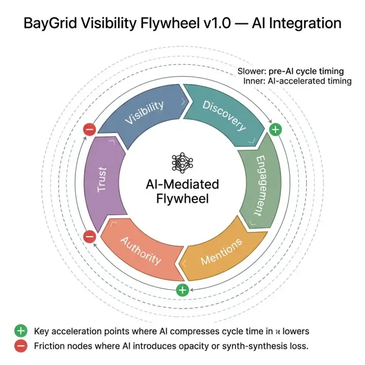 Circular flywheel diagram showing the seven-stage Visibility Flywheel with AI acceleration points and friction nodes, and concentric rings showing cycle compression.