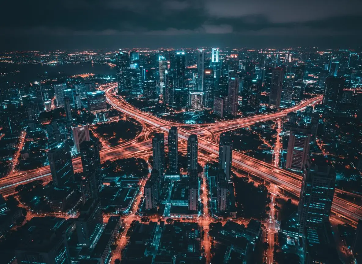 Aerial night view of a glowing city skyline with illuminated skyscrapers, glowing teal buildings, and busy highway interchanges with orange light trails.