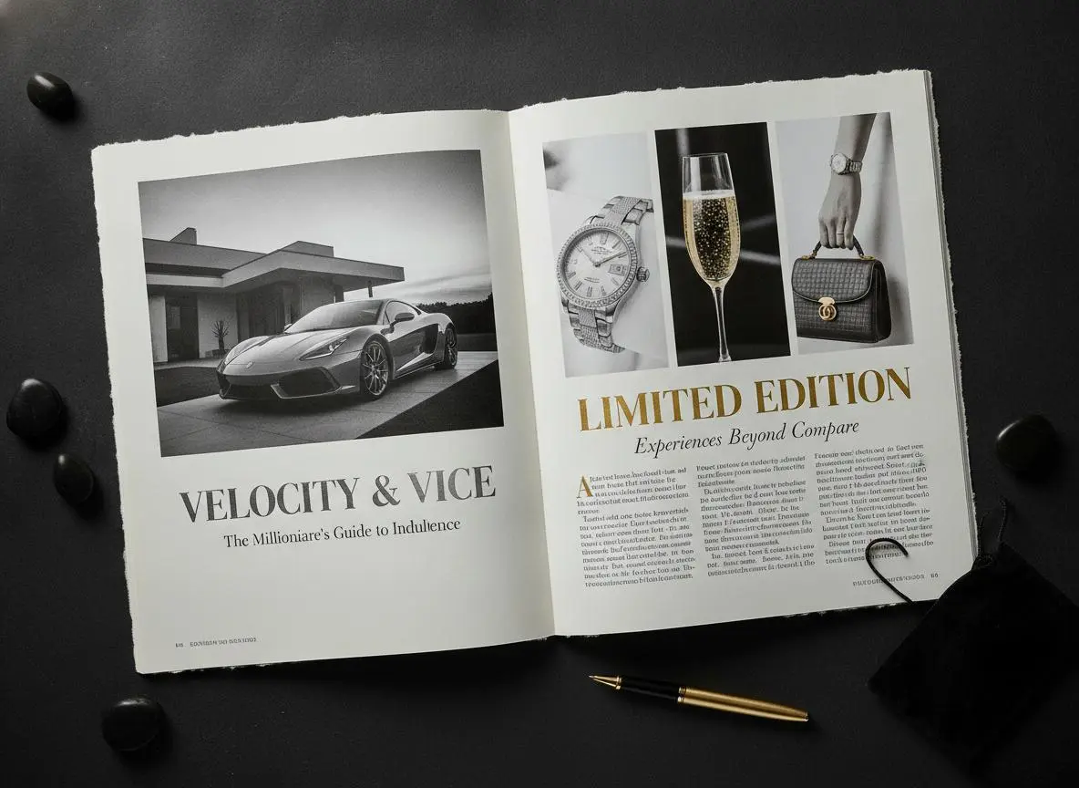 Open magazine spread on a black surface featuring a sports car, a luxury watch, a glass of champagne, and a designer handbag under the title "LIMITED EDITION: Experiences Beyond Compare.