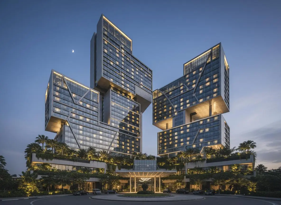 Modern luxury hotel complex at dusk featuring stacked geometric glass towers with illuminated warm lighting and lush greenery surrounding the entrance.