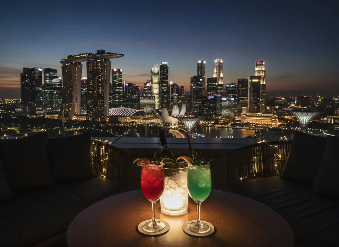 Nighttime rooftop view overlooking the illuminated Singapore skyline, featuring two colorful cocktails and a bottle of champagne on a table in the foreground.