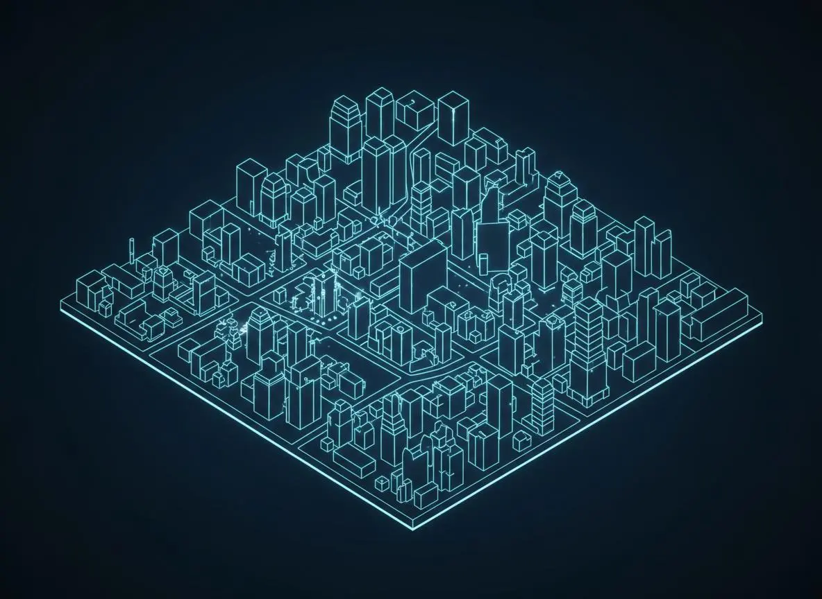 3D digital wireframe rendering of a city grid with glowing neon-blue buildings on a dark background.