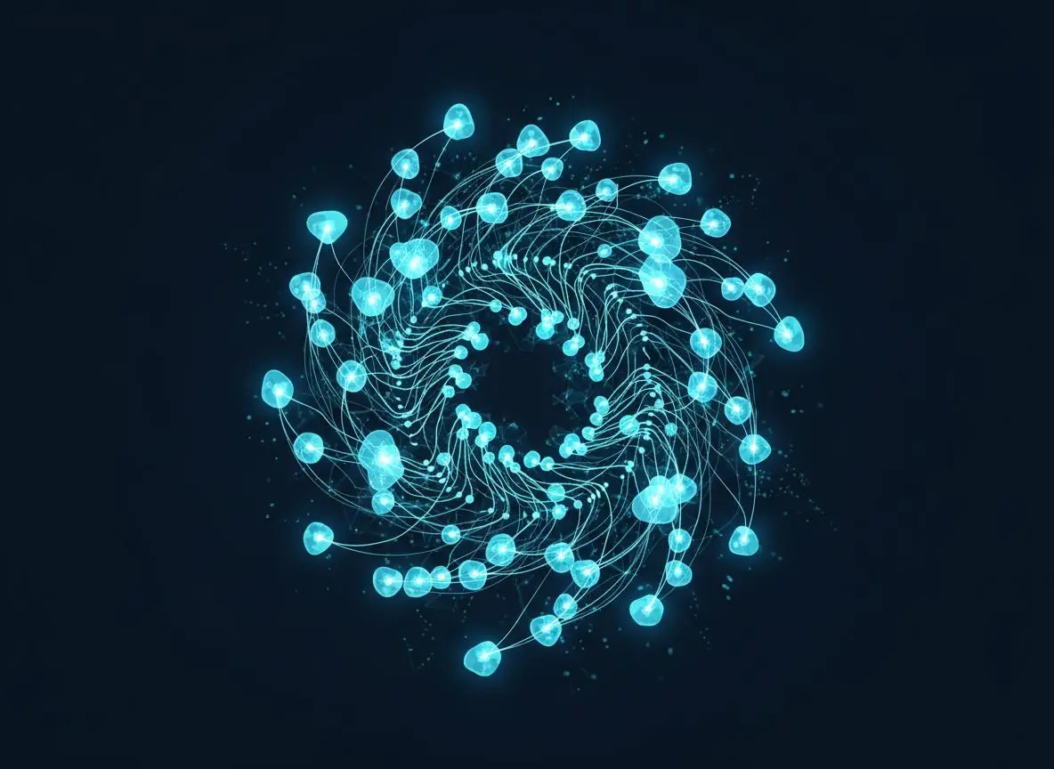 Abstract circular network graphic featuring glowing cyan nodes interconnected by swirling lines against a dark background.