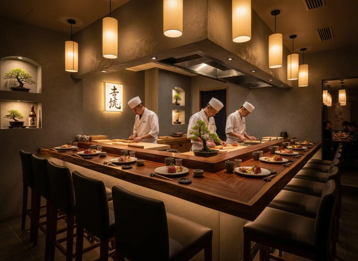 Warmly lit, upscale Japanese sushi bar featuring three chefs in white uniforms preparing food behind a wooden counter lined with seating.